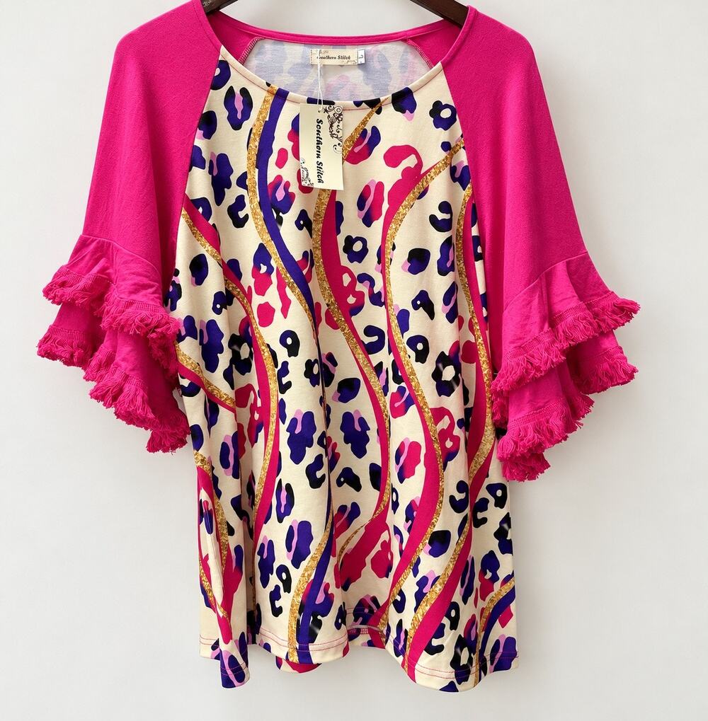 NWT Southern Stitch Womens L Pink Leopard Print Fringe Bell Sleeve Tunic Top